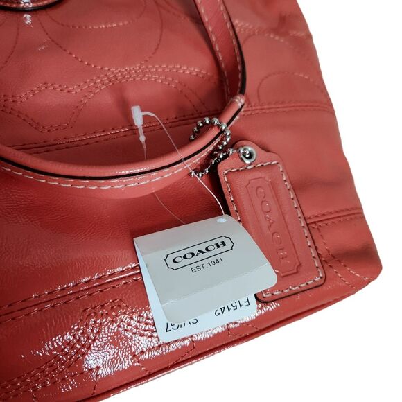 Coach Signature Stitch Patent Leather Tote Shoulder Bag Mango/Coral/Orange NWT - Picture 7 of 12